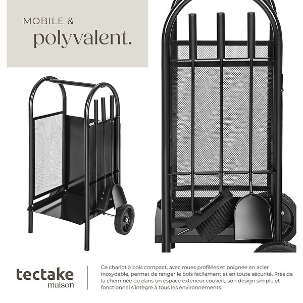 TECTAKE - Porte bûches avec pelle, balai et tisonnier noir - large