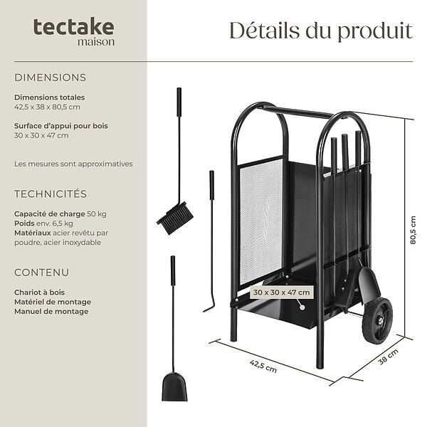 TECTAKE - Porte bûches avec pelle, balai et tisonnier noir - large