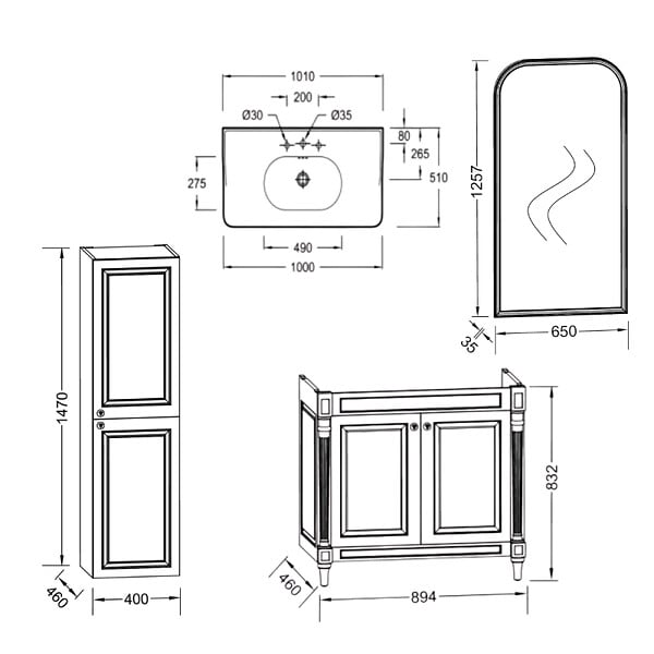 JACOB DELAFON - Pack meuble vasque Cléo 1889 3 trous + colonne droite + miroir + mélangeur croisillon or - large