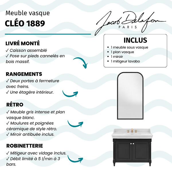 JACOB DELAFON - Pack meuble vasque Cléo 1889 3 trous + miroir + mélangeur croisillon or - large