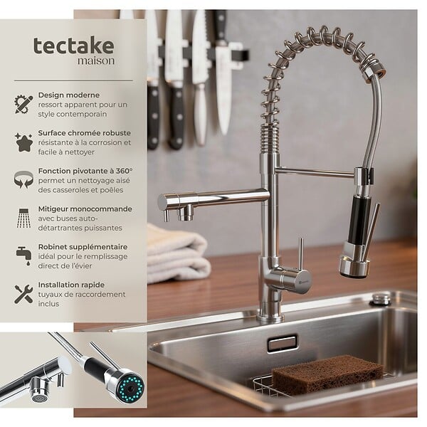 TECTAKE - Robinet de cuisine avec douchette intégrée et bec déporté gris - large