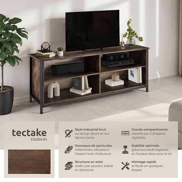TECTAKE - Étagère pour téléviseur Navan 147x41x60,5cm Bois foncé industriel, rustique - large
