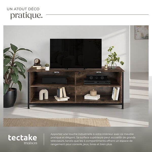 TECTAKE - Étagère pour téléviseur Navan 147x41x60,5cm Bois foncé industriel, rustique - large