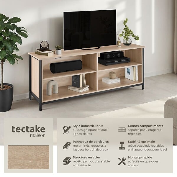 TECTAKE - Étagère pour téléviseur Navan 147x41x60,5cm Bois clair industriel, Chêne Sonoma - large