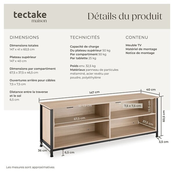 TECTAKE - Étagère pour téléviseur Navan 147x41x60,5cm Bois clair industriel, Chêne Sonoma - large