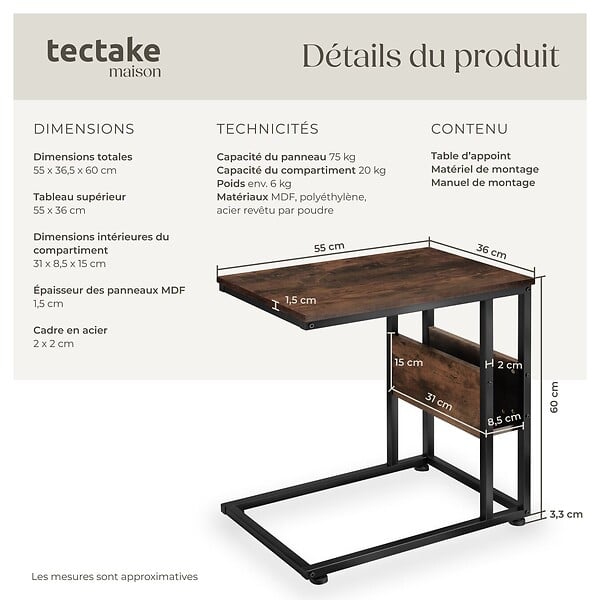 TECTAKE - Table d’appoint WIGAN 55x36,5x60cm Bois foncé industriel, rustique - large