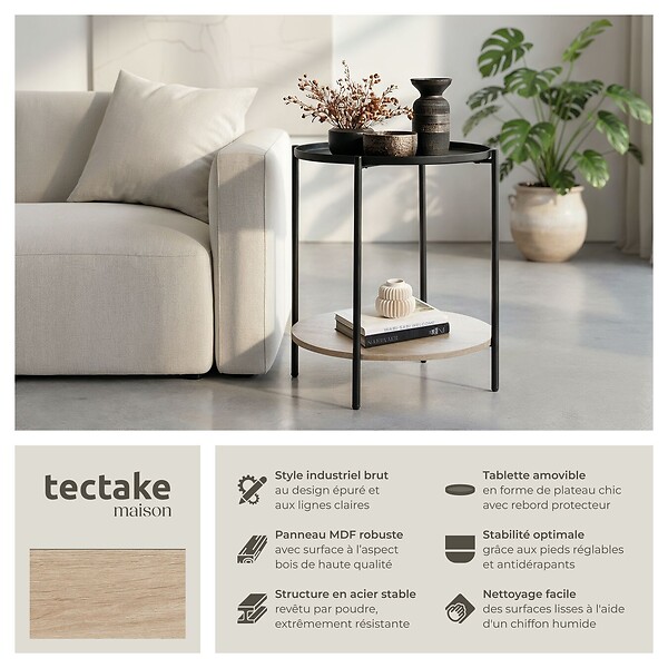 TECTAKE - Table d’appoint SUNDERLAND 45,5x54,5cm Bois clair industriel, Chêne Sonoma - large