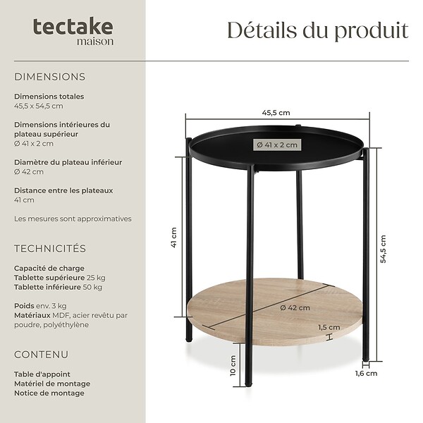 TECTAKE - Table d’appoint SUNDERLAND 45,5x54,5cm Bois clair industriel, Chêne Sonoma - large
