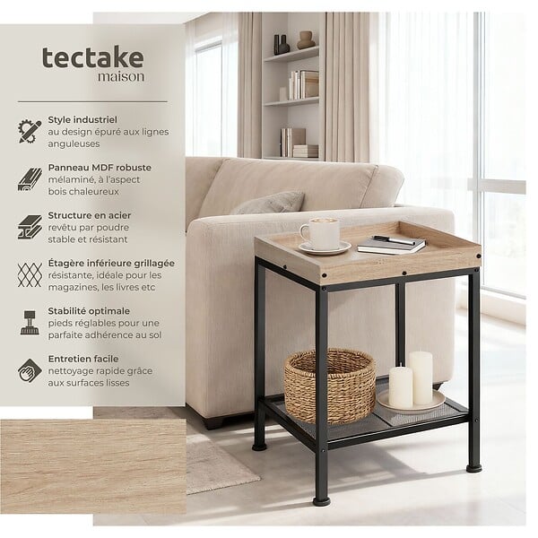 TECTAKE - Table d’appoint ROCHESTER 41,5x41x56cm Bois clair industriel, Chêne Sonoma - large