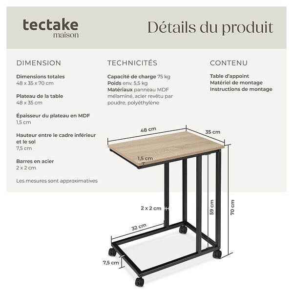 TECTAKE - Table d’appoint LUTON 48x35x70cm Bois clair industriel, Chêne Sonoma - large