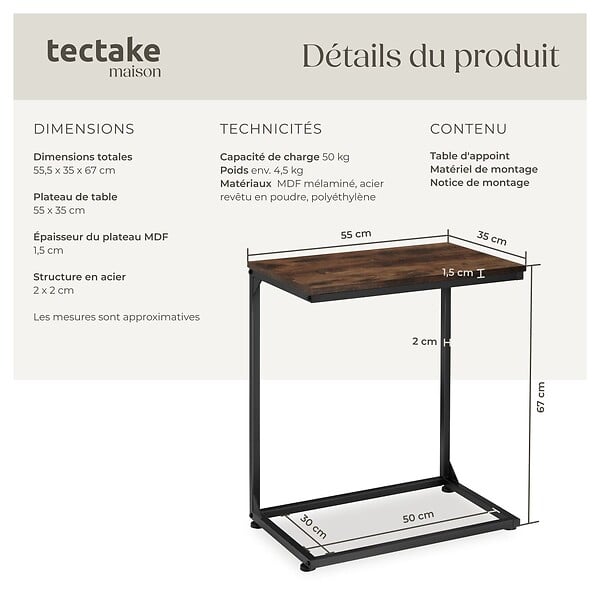 TECTAKE - Table d’appoint CARDIFF 55,5x35x67cm Bois foncé industriel, rustique - large