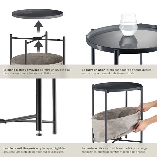 TECTAKE - Table d’appoint CANTERBURY 45,5x45,5x53cm gris foncé - large