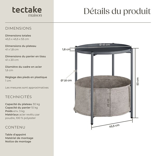 TECTAKE - Table d’appoint CANTERBURY 45,5x45,5x53cm gris foncé - large