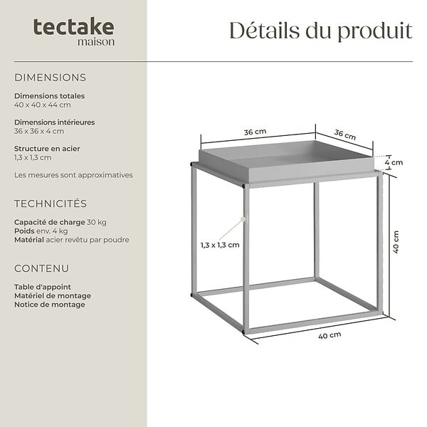 TECTAKE - Table d'appoint CAMBRIDGE 40x40x44cm gris - large