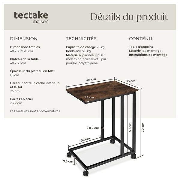 TECTAKE - Table d’appoint LUTON 48x35x70cm Bois foncé industriel, rustique - large