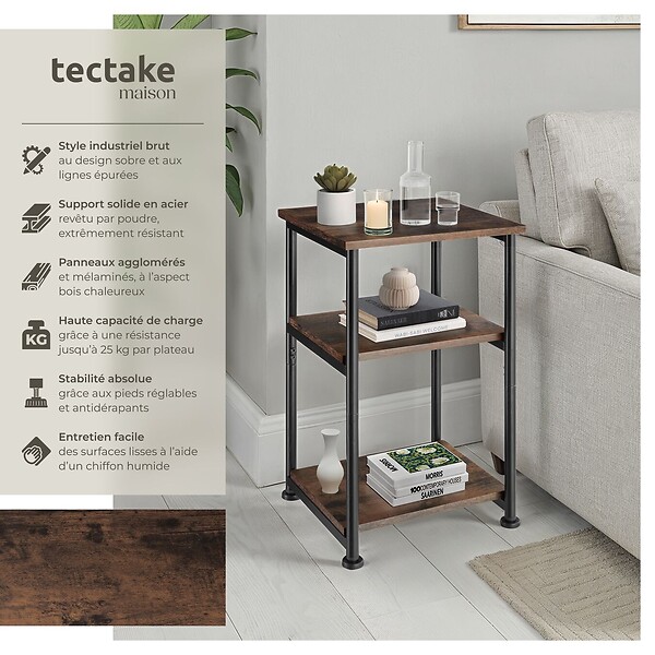 TECTAKE - Table d’appoint Memphis 34x30x59cm Bois foncé industriel, rustique - large