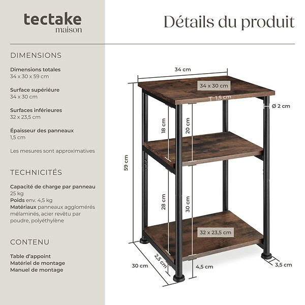 TECTAKE - Table d’appoint Memphis 34x30x59cm Bois foncé industriel, rustique - large