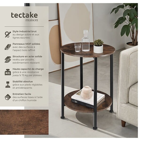 TECTAKE - Table d’appoint BALLINA 45x64cm Bois foncé industriel, rustique - large