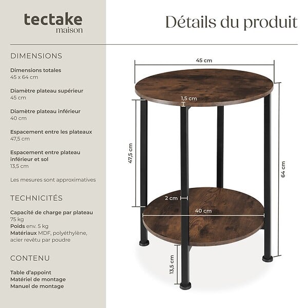 TECTAKE - Table d’appoint BALLINA 45x64cm Bois foncé industriel, rustique - large