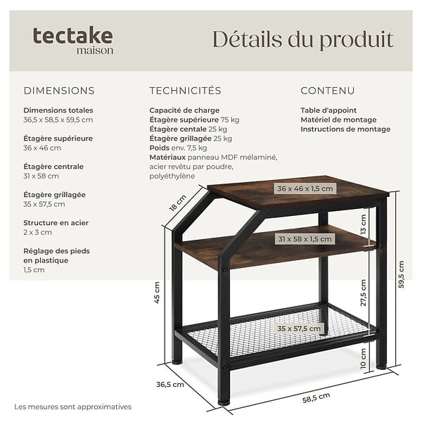TECTAKE - Table d’appoint PLYMOUTH 36,5x58,5x59,5cm Bois foncé industriel, rustique - large