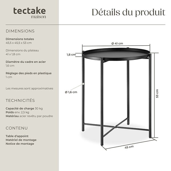 TECTAKE - Table d’appoint CHESTER 45,5x45,5x53cm noir - large