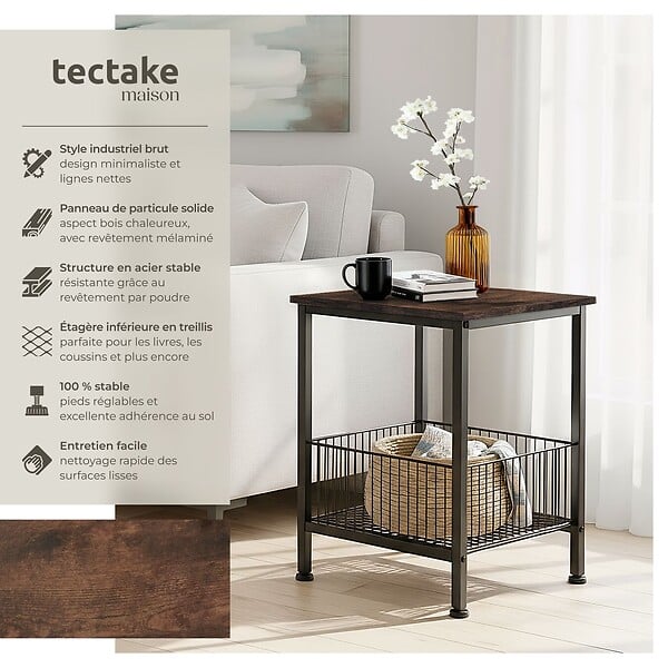 TECTAKE - Table d’appoint Grimsby 40x40x55,5cm Bois foncé industriel, rustique - large