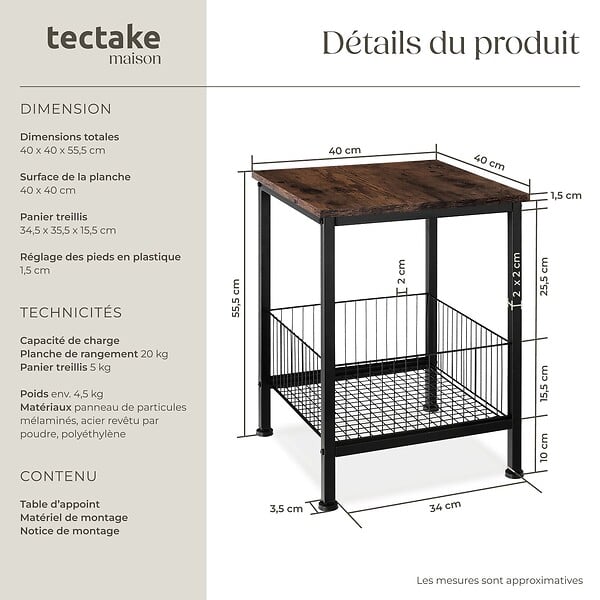 TECTAKE - Table d’appoint Grimsby 40x40x55,5cm Bois foncé industriel, rustique - large