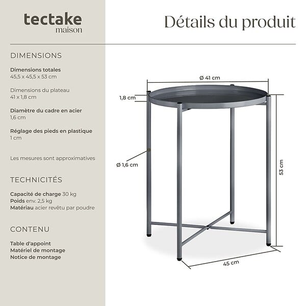 TECTAKE - Table d’appoint CHESTER 45,5x45,5x53cm gris foncé - large