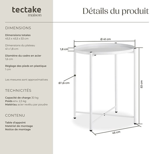TECTAKE - Table d’appoint CHESTER 45,5x45,5x53cm blanc - large