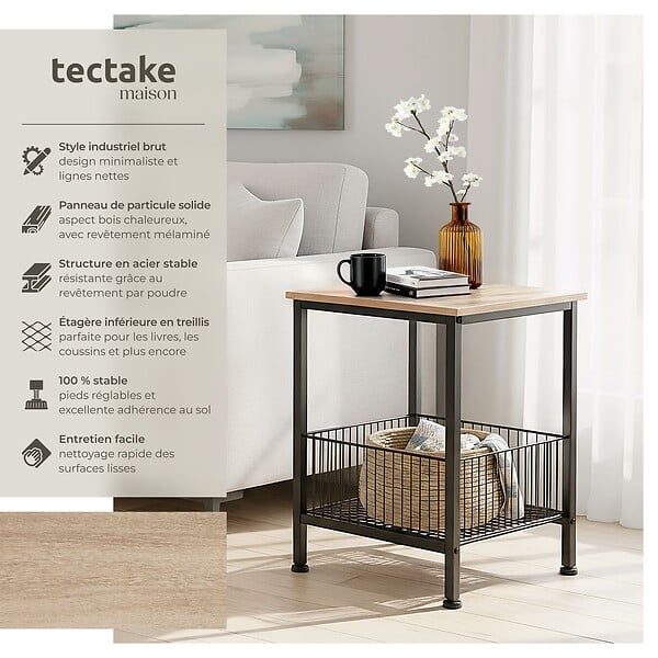 TECTAKE - Table d’appoint Grimsby 40x40x55,5cm Bois clair industriel, Chêne Sonoma - large