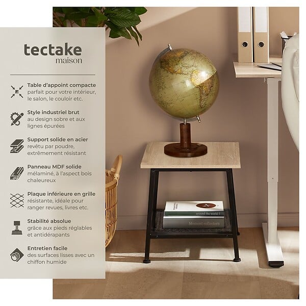 TECTAKE - Table d’appoint BEDFORD  45,5x45x47cm Bois clair industriel, Chêne Sonoma - large