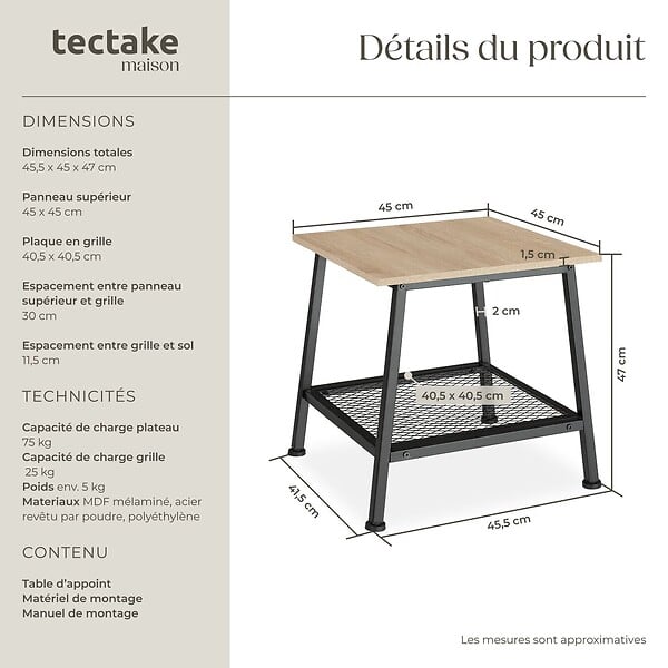 TECTAKE - Table d’appoint BEDFORD  45,5x45x47cm Bois clair industriel, Chêne Sonoma - large