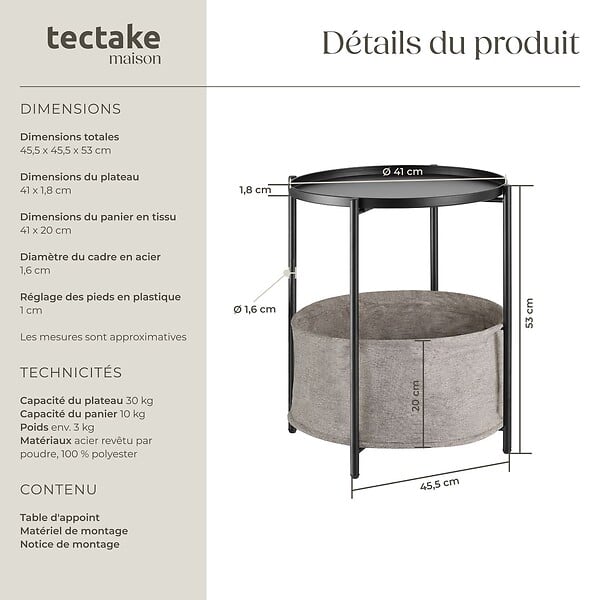 TECTAKE - Table d’appoint CANTERBURY 45,5x45,5x53cm noir - large