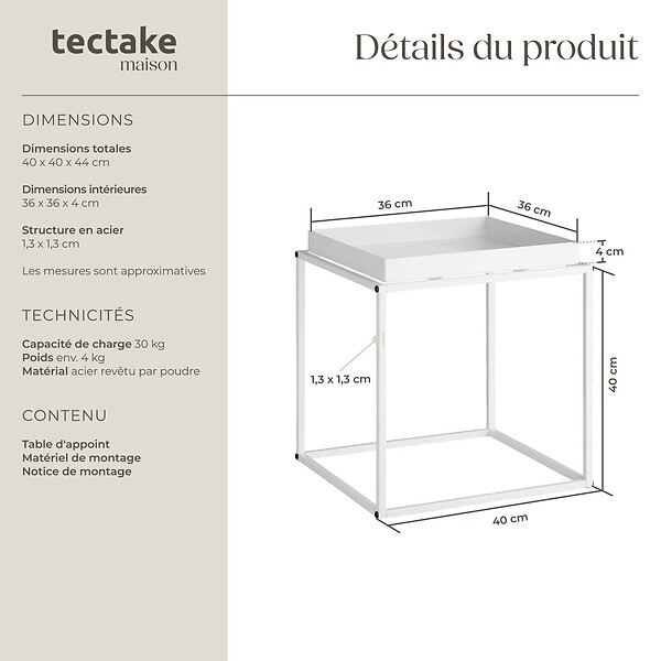TECTAKE - Table d'appoint CAMBRIDGE 40x40x44cm blanc - large