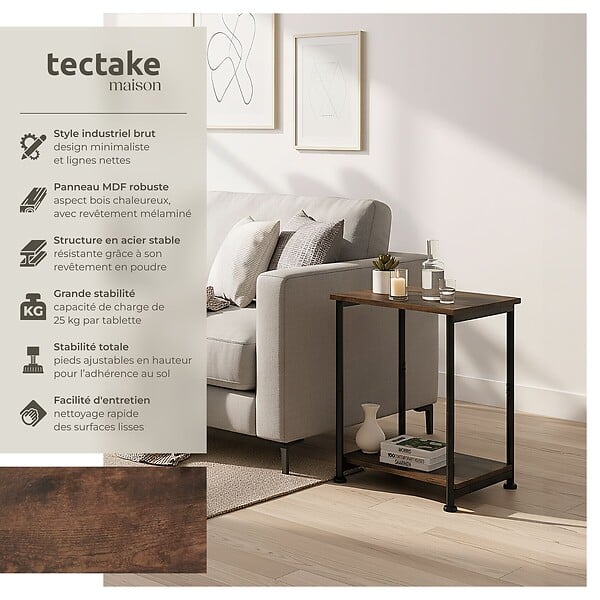 TECTAKE - Table d’appoint Yonkers 38,5x30x51,5cm Bois foncé industriel, rustique - large