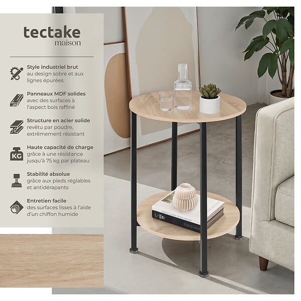 TECTAKE - Table d’appoint BALLINA 45x64cm Bois clair industriel, Chêne Sonoma - large