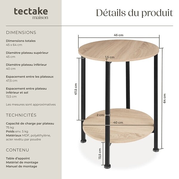 TECTAKE - Table d’appoint BALLINA 45x64cm Bois clair industriel, Chêne Sonoma - large