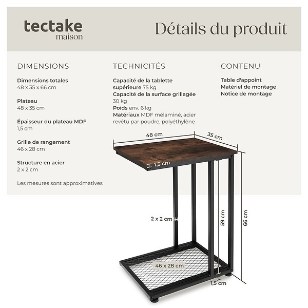 TECTAKE - Table d’appoint ETON 48x35x66cm Bois foncé industriel, rustique - large