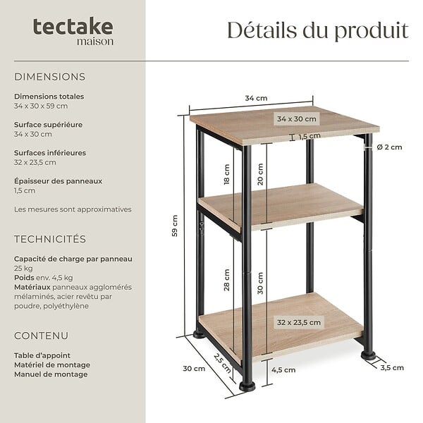 TECTAKE - Table d’appoint Memphis 34x30x59cm Bois clair industriel, Chêne Sonoma - large