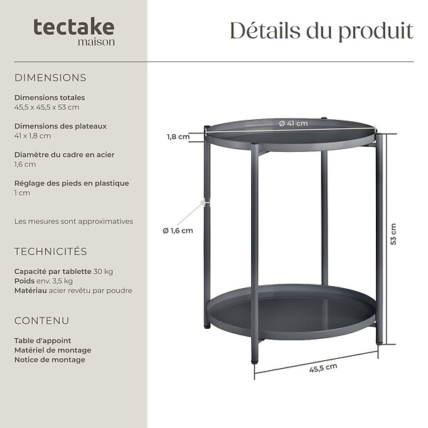 TECTAKE - Table d’appoint OXFORD gris foncé - large