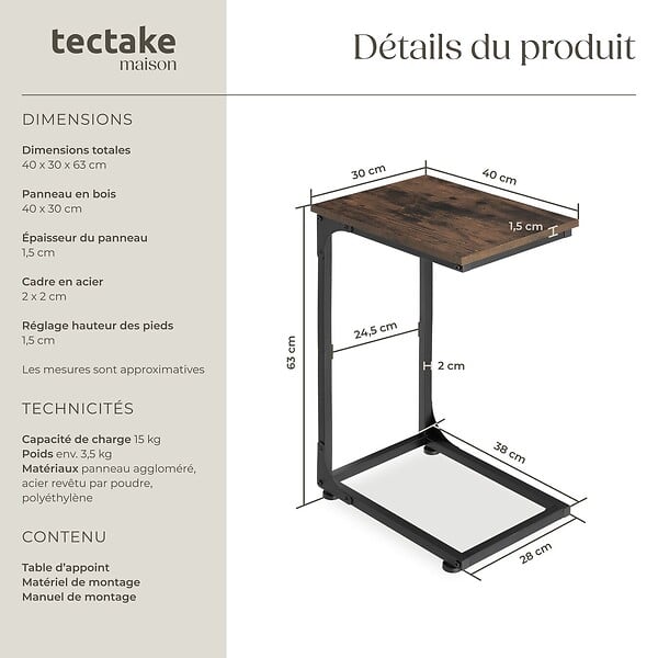 TECTAKE - Table d’appoint Erie 40x30x63cm Bois foncé industriel, rustique - large