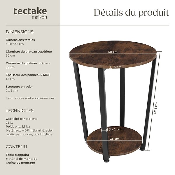 TECTAKE - Table d’appoint SWINDON 50x62,5cm Bois foncé industriel, rustique - large