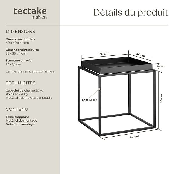 TECTAKE - Table d'appoint CAMBRIDGE 40x40x44cm noir - large