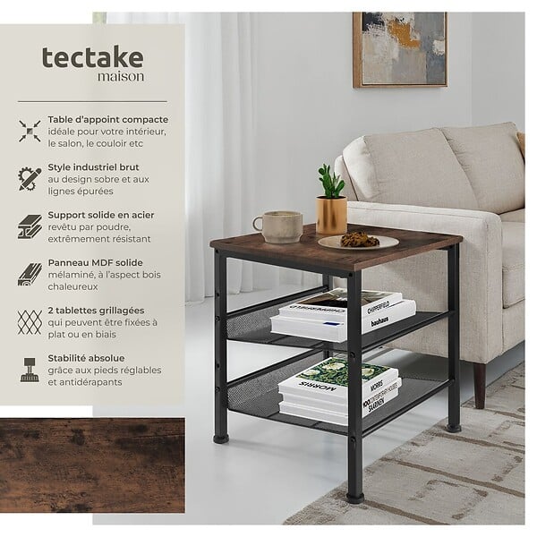 TECTAKE - Table d’appoint LINCOLN 40,5x40x50,5cm Bois foncé industriel, rustique - large