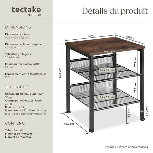 TECTAKE - Table d’appoint LINCOLN 40,5x40x50,5cm Bois foncé industriel, rustique - large