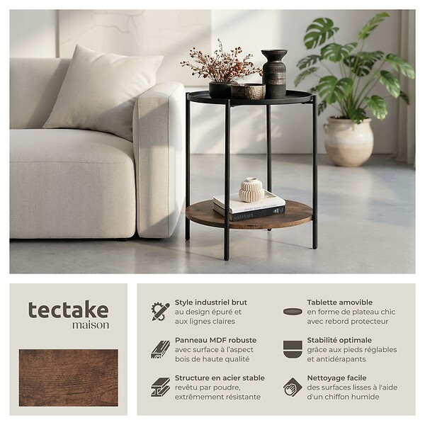 TECTAKE - Table d’appoint SUNDERLAND 45,5x54,5cm Bois foncé industriel, rustique - large