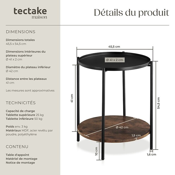TECTAKE - Table d’appoint SUNDERLAND 45,5x54,5cm Bois foncé industriel, rustique - large
