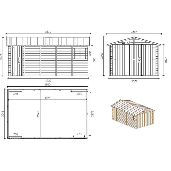 ALTANKA - Garage en bois - 14.94m2 - 3.05x4.93m - Ep. 18mm - couleur: naturel - GAR28 - large
