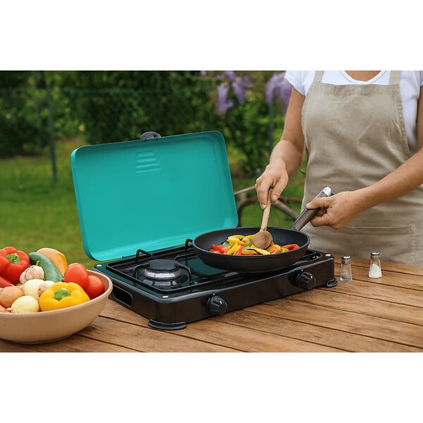 INTEC - Réchaud à gaz 2 feux 3200W Brûleurs et Grille en fonte amovibles lavables + Tuyau gaz + Détendeur 37mbar Propane GOLD II INTEC - large