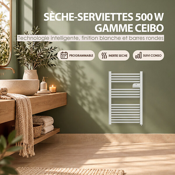 BATILEC - Batilec - Sèche-serviettes électrique à barres rondes - Puissance 500W - Gamme CEIBO - Inertie sèche - Chauffage rapide - large